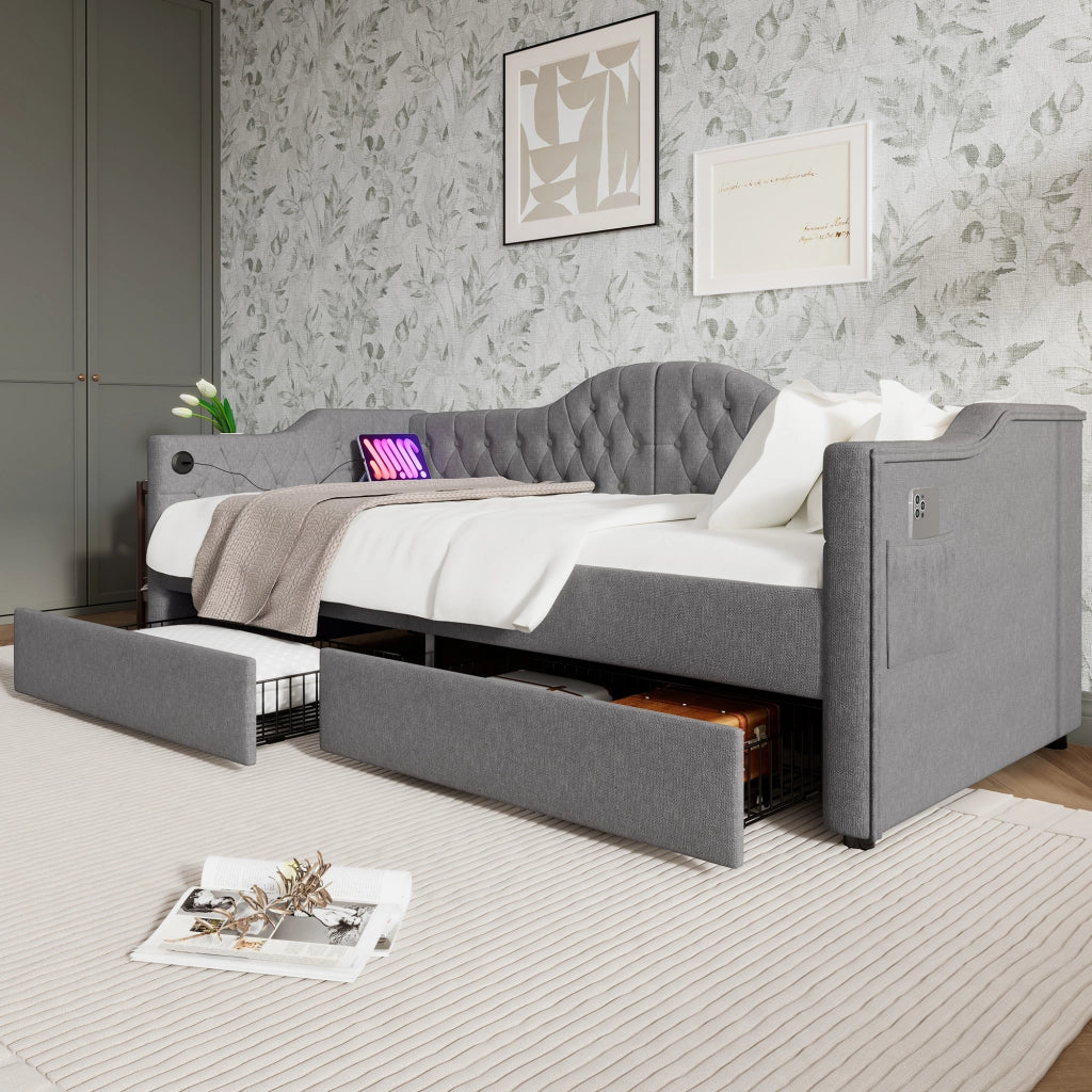 DESMIU Lit divano 90 × 200 cm con USB Type-C, 2 cassetti, senza materasso, in lino grigio