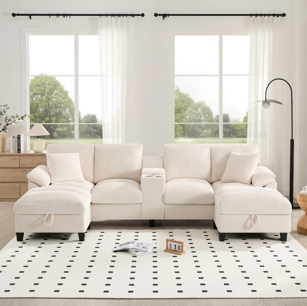 Divano modulare a U 4 posti in velluto a coste beige con USB