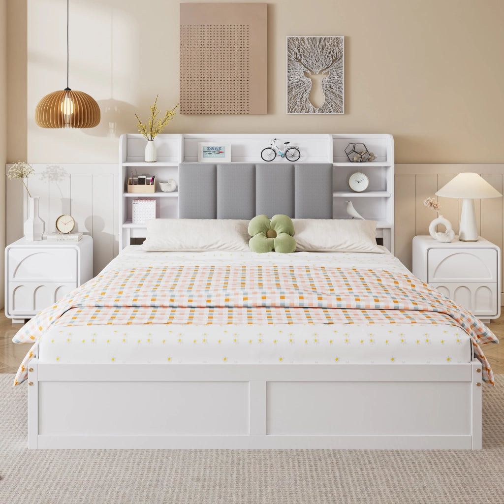 Letto con cassetti 2 posti con 3 cassetti, ripiani aperti e vano con anta ribalta, 160 × 200 cm, senza materasso