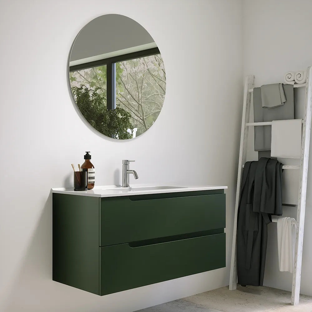 Mobile bagno sospeso 80 cm due cassetti verde foresta opaco con lavabo | Ardenne