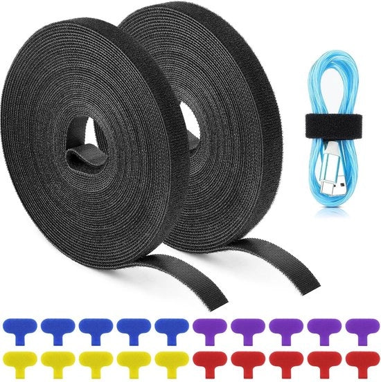 Cable binder a rulli da 2 di 5 m - Nastro adesivo - Chiusura automatica - 20 etichette per cavi - 1,2 cm di larghezza - Materiale Nylon resistente