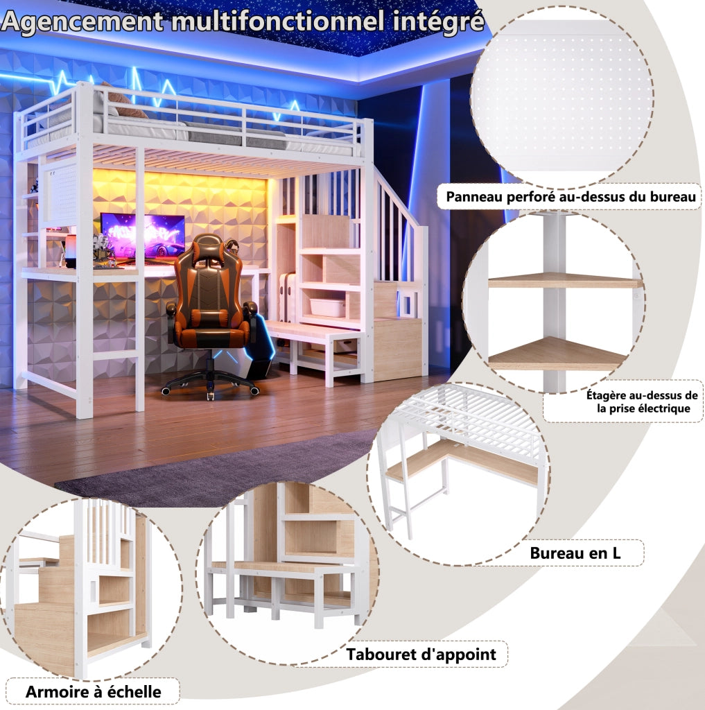 Hochbett 90x200 cm con scrivania; pannello forato; scale con ripiani; LED e porte USB; bianco