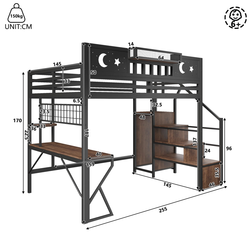 Letto a soppalco 140x200 cm con scrivania; pannello pegboard; ripiani; LED; USB e gambe a K; metallo nero