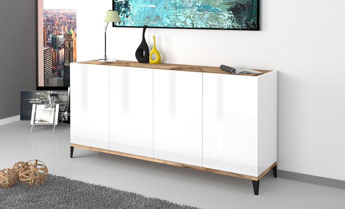 Credenza 4 Ante 160x40x82 cm Sunrise Bianco Lucido e Acero Pereira