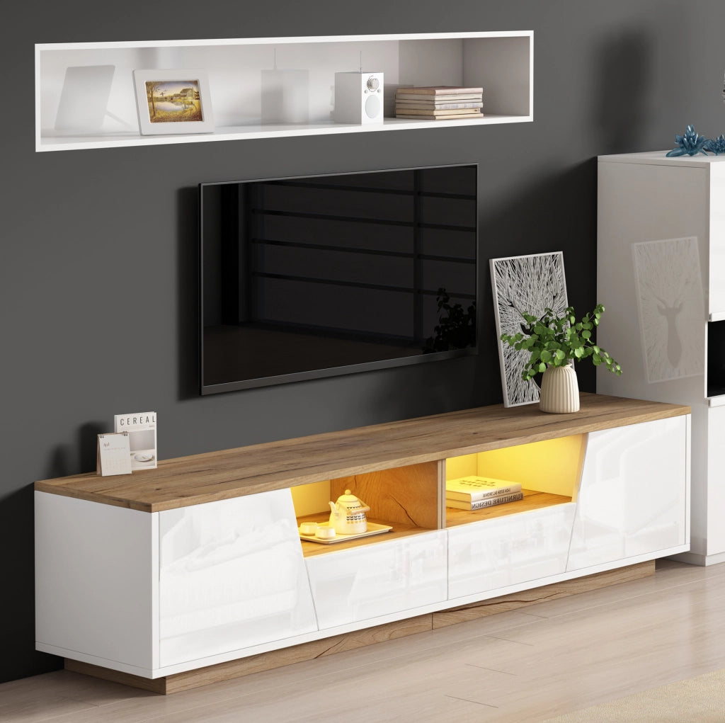 Mobile TV LED 180x40x46 cm bianco e legno con 2 ante e 2 cassetti