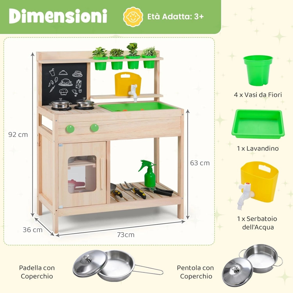 Cucina Giocattolo in Legno Massello, Cucina da Gioco con Rubinetto e Fioriera Removibile, Gioco Imitazione Fango e Giardinaggio all'Aperto, per Bambini 3+ Anni, 73 x 36 x 92 cm