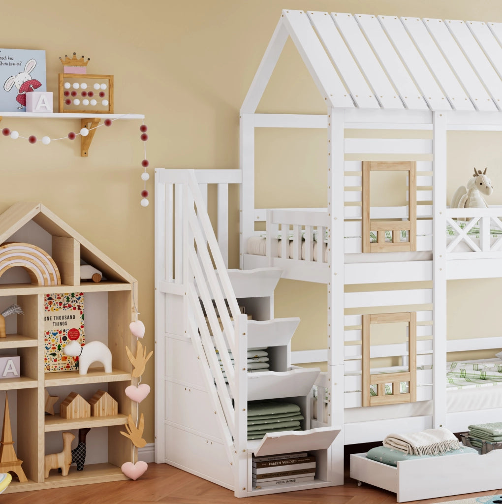 Letto a castello per bambini con finestre, scala contenitore e cassetti