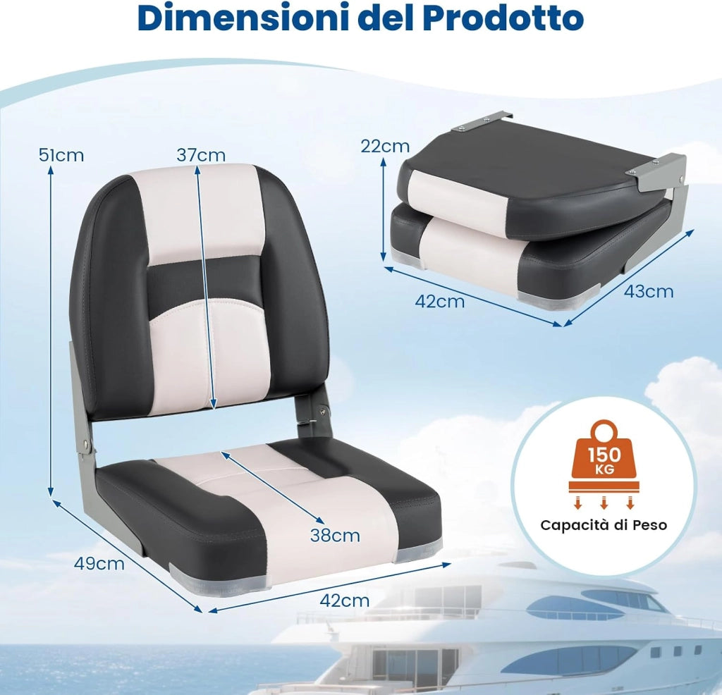Set di 2 Sedie da Barca, Sedili Alti da Barca Pieghevole Morbide Imbottite Spesse, Sedile Nautica Ergonomico per Imbarcazioni da Pesca, 42 x 49 x 51 cm, Grigio e Bianco