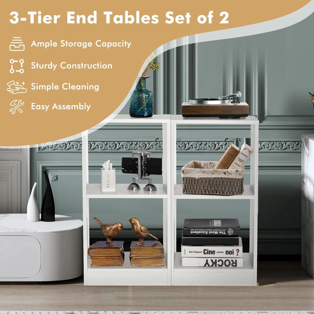 Set di 2 Scaffale Aperto, Libreria Scaffale a 2 Ripiani, Tavolino da Comodino, Supporto per CD Multifunzione per Soggiorno, 33x38,2x73 cm, Bianco