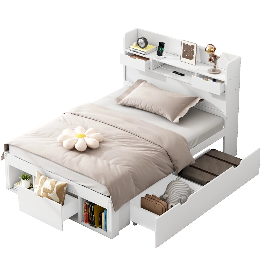 OKWISH Letto Singolo 90×200 cm con USB, Tipo C, 2 Cassetti, Armadietto Contenitore e Ripiani, senza Materasso, in Pino, Bianco