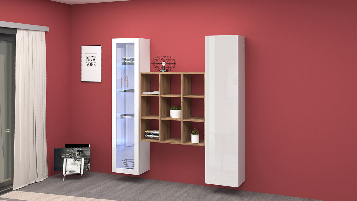 Parete Attrezzata Soggiorno 170x30x180 cm Maruska n°25 Bianco Lucido