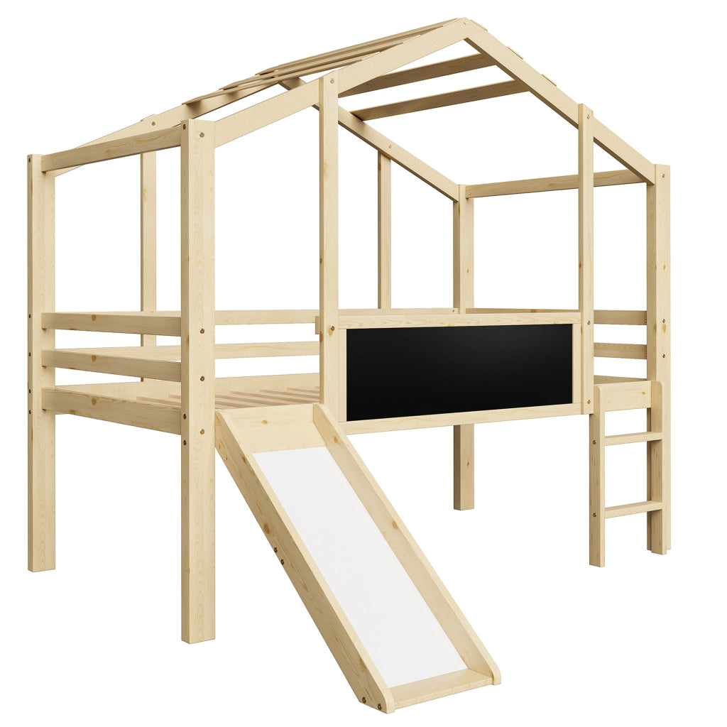 LETTO a soppalco 90x200 cm in legno naturale con scivolo, scala e lavagna