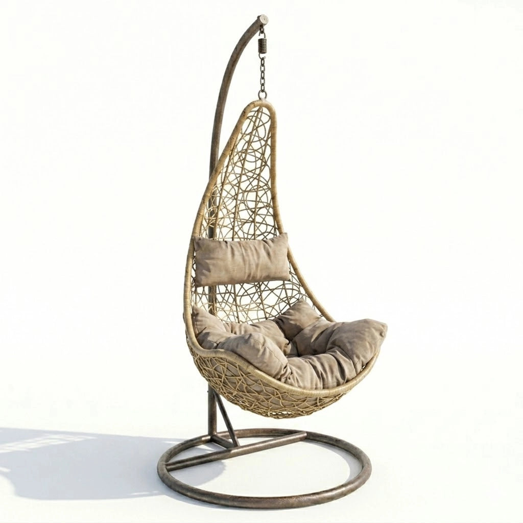 Poltrona Amaca Sospesa Con Telaio Indipendente In Metallo Seduta Ergonomica In Polyrattan E Cuscino Morbido Con Appoggiatesta Arredo Relax Per Giardino Patio Terrazzo E Balcone 105 x 195 Cm Beige