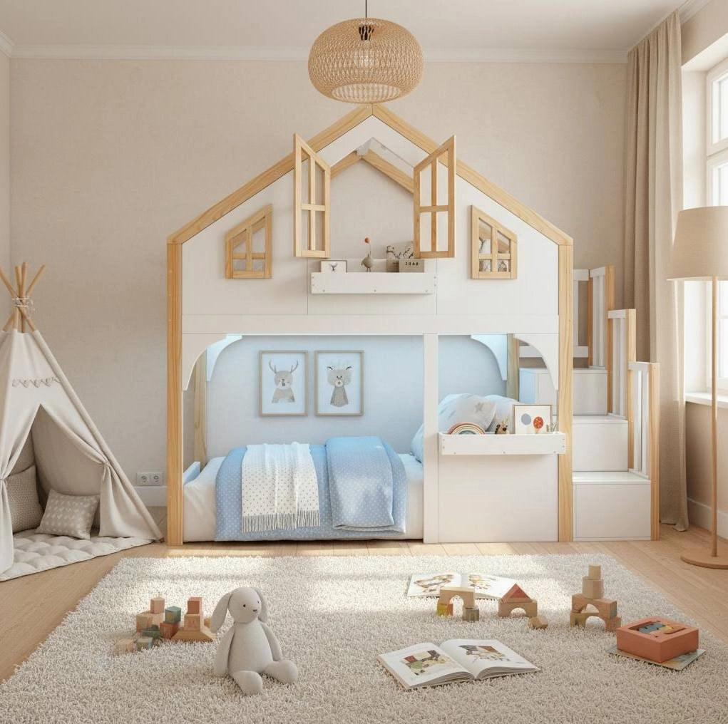 Letto a castello per bambini 90x200 cm con scala contenitore e LED
