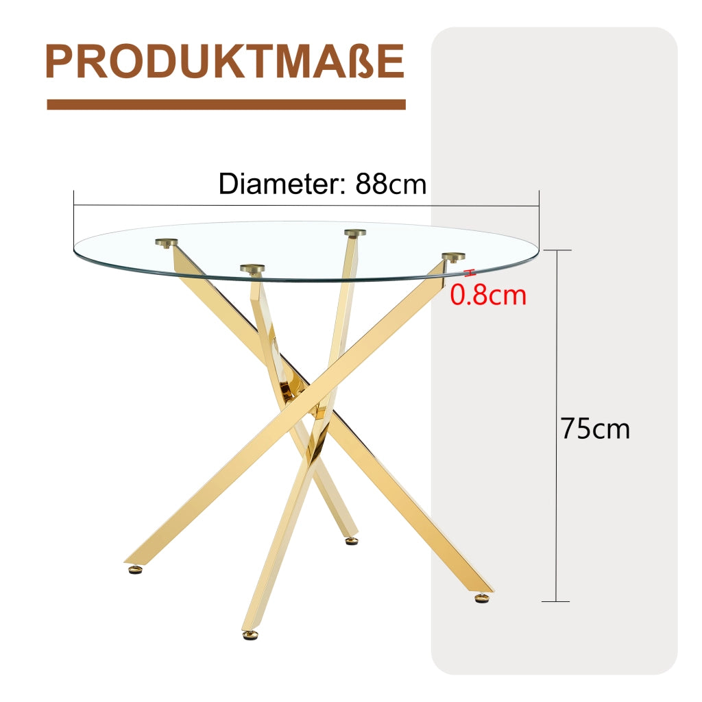 Tavolo da pranzo rotondo per 2-4 persone con piano in vetro temperato e base in metallo per cucina; 88 cm; oro