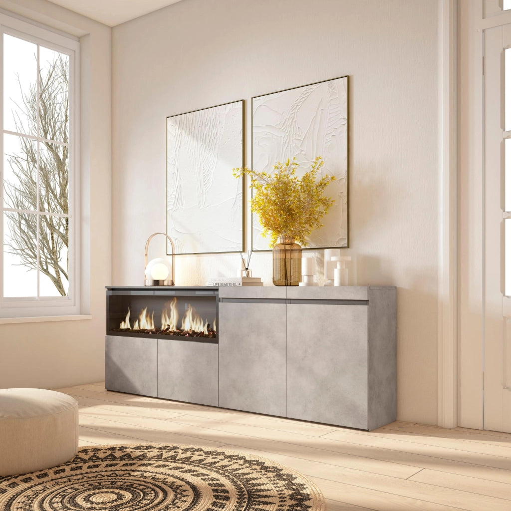 Credenza, Mobile, 208x35x75cm, 4 Porte, Camino elettrico XXL, grigio cemento RF3231