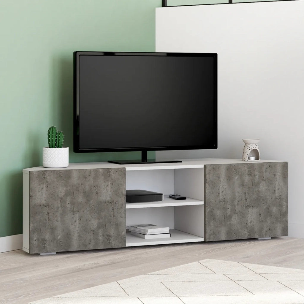 IDMarket - Mueble TV esquinero ELI blanco con puertas efecto hormigón 110 cm
