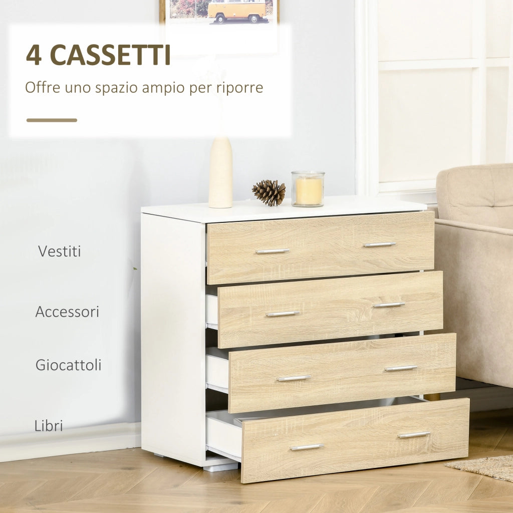 Cassettiera 4 Cassetti in Legno e Maniglie in Alluminio. 76x35x72cm. Bianco e Rovere