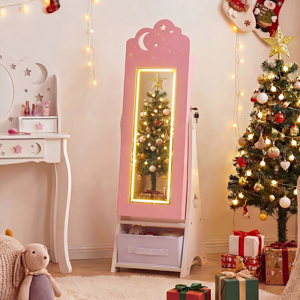 Mobiletto gioielli bambini luci specchio figura intera 4 sensore, Mobiletto portagioielli principessa terra camera sala giochi Rosa