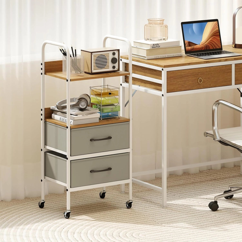 Carrello Mobile con Rotelle, Supporto per Stampante con 2 Ripiani Aperti e 2 Cassetti in Tessuto, Organizer Multiuso con 4 Ruote per Camera da Letto, Ufficio e Cucina