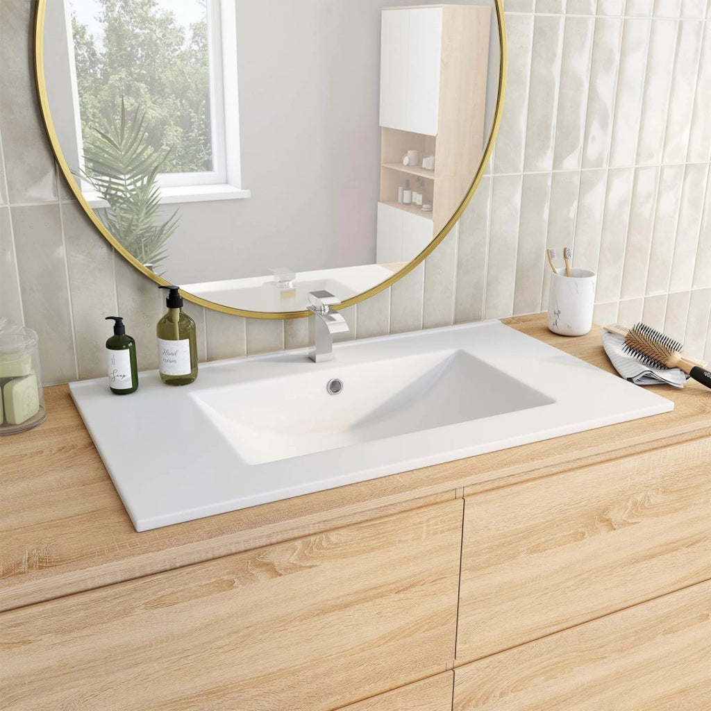 IDMarket - Lavabo rettangolare da incasso in ceramica bianca L. 81 x L. 46 x H. 17 cm