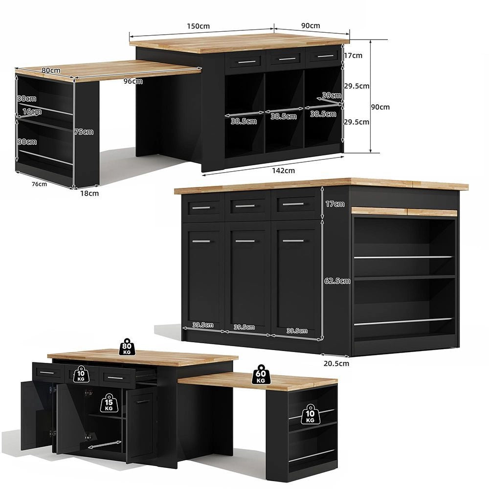 ?lot de cucina multifunzionale - Xylo - 150x96 cm - Nero - Tavola allungabile, piano laminato legno, armadi integrati