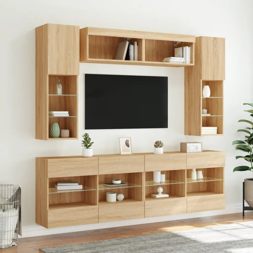 Set Mobili TV a Muro 6 pz con Luci LED Rovere Sonoma 3216799