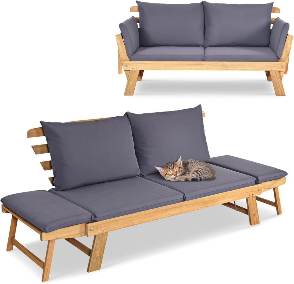 Divano Esterno da Giardino 2 Posti con Cuscino，Set da Giardino in Legno Certificato FSC，Sdraio da Giardino Pieghevole da 2 Persone,153/194 x 72 x 76 cm，Beige/Grigio
