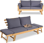 Divano Esterno da Giardino 2 Posti con Cuscino，Set da Giardino in Legno Certificato FSC，Sdraio da Giardino Pieghevole da 2 Persone,153/194 x 72 x 76 cm，Beige/Grigio
