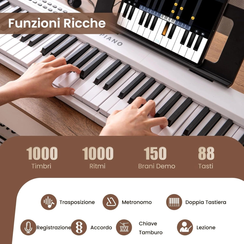 Pianoforte Elettronico Pieghevole a 88 Tasti, Piano Digitale con MIDI, 1000 Ritmi, 1000 Timbri, 150 Canzoni Demo, Registrazione, Batteria e Borsa da Trasporto per Bambini, Adulti (Bianco)