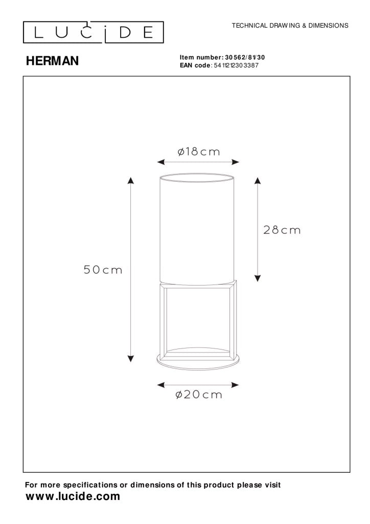 Lampada tavolo nera paralume 50 cm E27 Herman Lucide