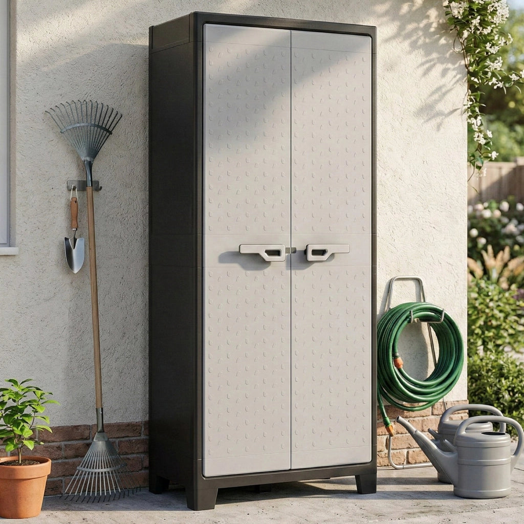 Armadio da esterno Oshawa, Mobile outdoor, Mobiletto giardino multiuso, Contenitore per balcone o garage, Made in Italy, 80x44 h182 cm, Grigio