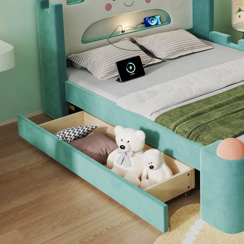 Letto per bambini 140 × 200 cm con lampada da lettura e USB, cassetto contenitore, senza materasso, velluto blu-verde
