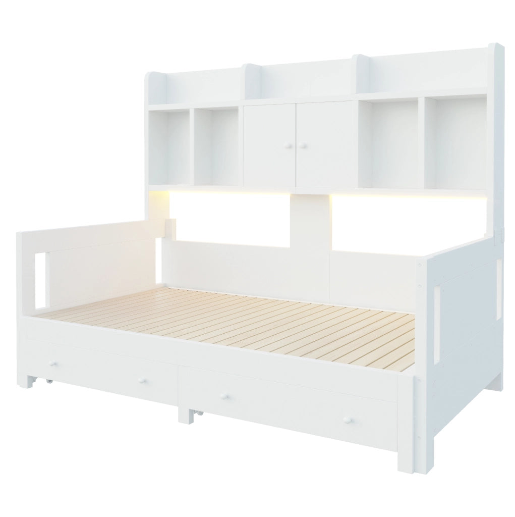 Divano letto estraibile 90x190 cm con contenitore; prese e LED in legno bianco