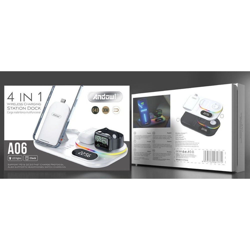 Trade Shop - Stazione Di Ricarica Wireless 4in1 Multifunzione 30w Per Smartphone Airpods Smartwatch A06 -