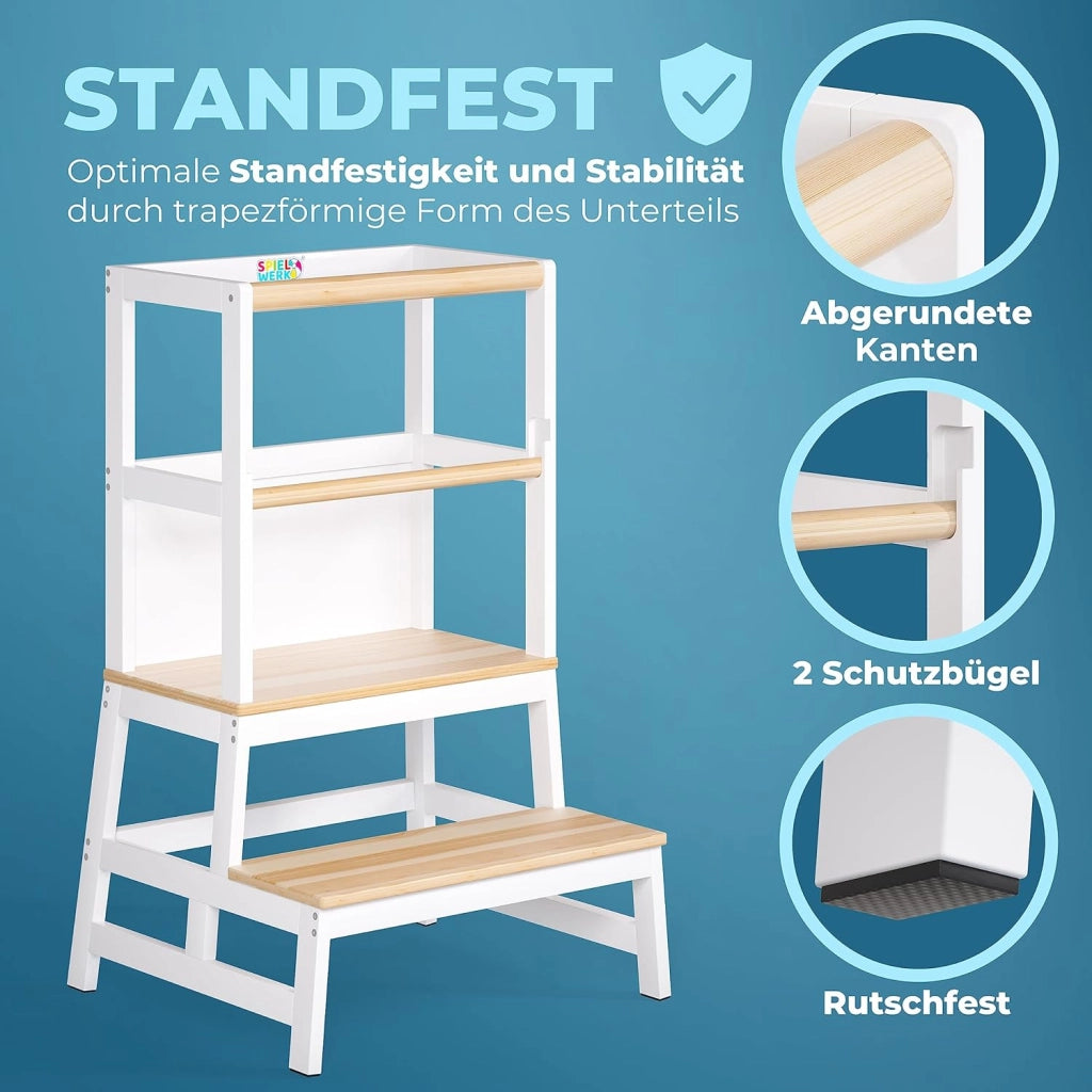 Spielwerk Torre Montessoriana Apprendimento per Bambini in Legno con Lavagna Sgabello Torretta Montessori Didattica Learning Tower 50 x 51 x 93 cm a partire da 2 anni