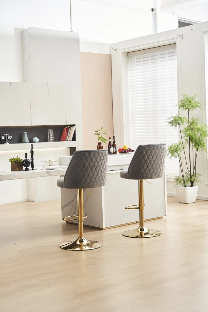 Sgabello da Bar Girevole ¨C MINIMAL ¨C Velluto Grigio, Schienale, Poggiapiedi, Altezza Regolabile, Set 2 Pezzi