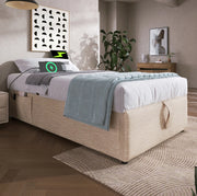 Letto contenitore singolo 90x190 cm con USB C; in lino beige