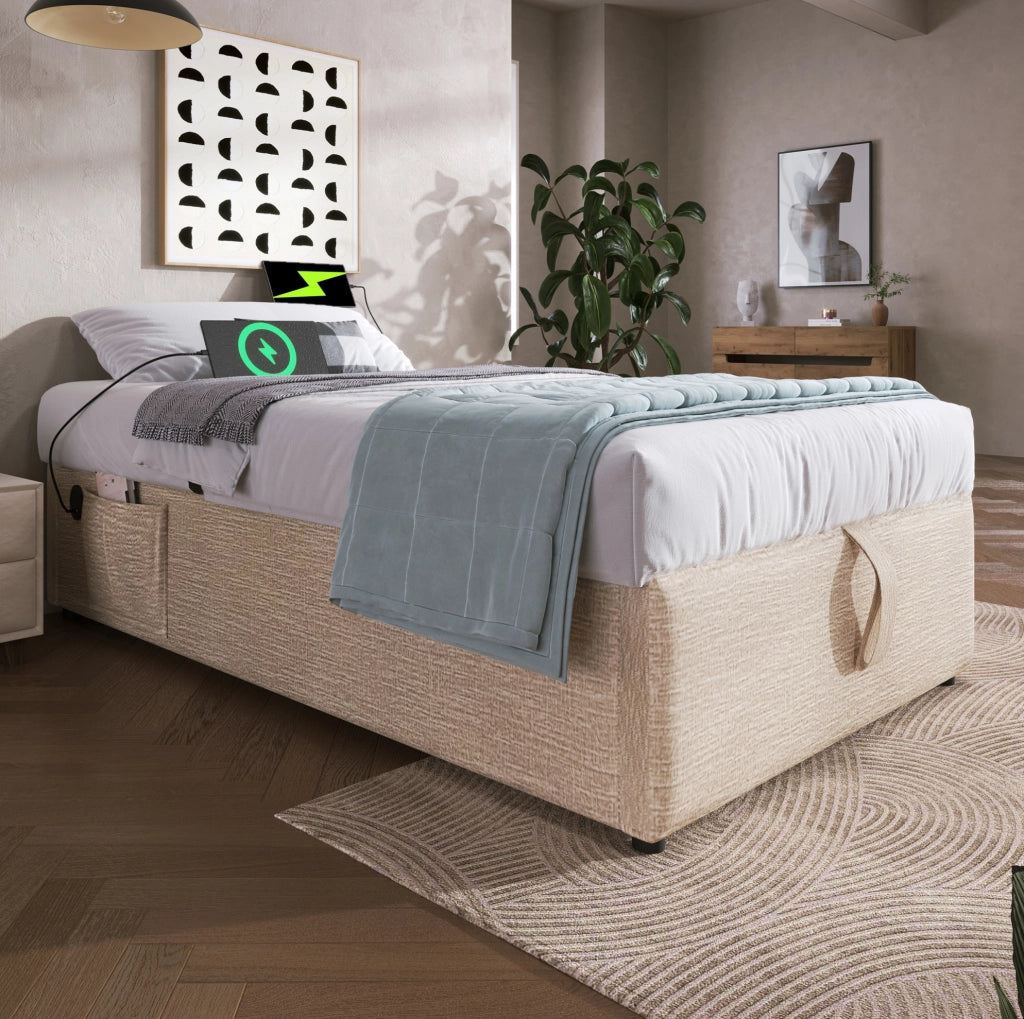 Letto contenitore singolo 90x190 cm con USB C; in lino beige