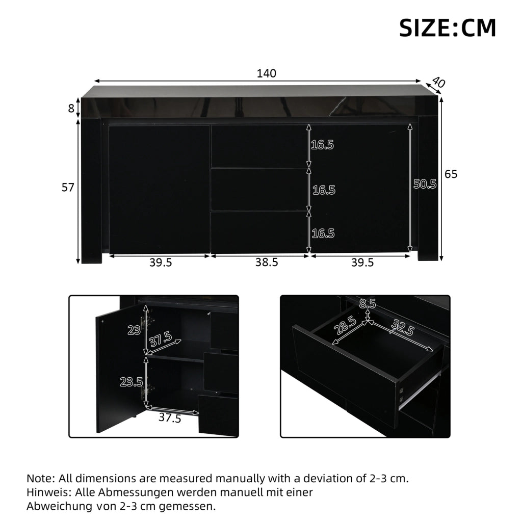 Sideboard moderno nero 140x40x65 cm con LED, 2 ante e 3 cassetti