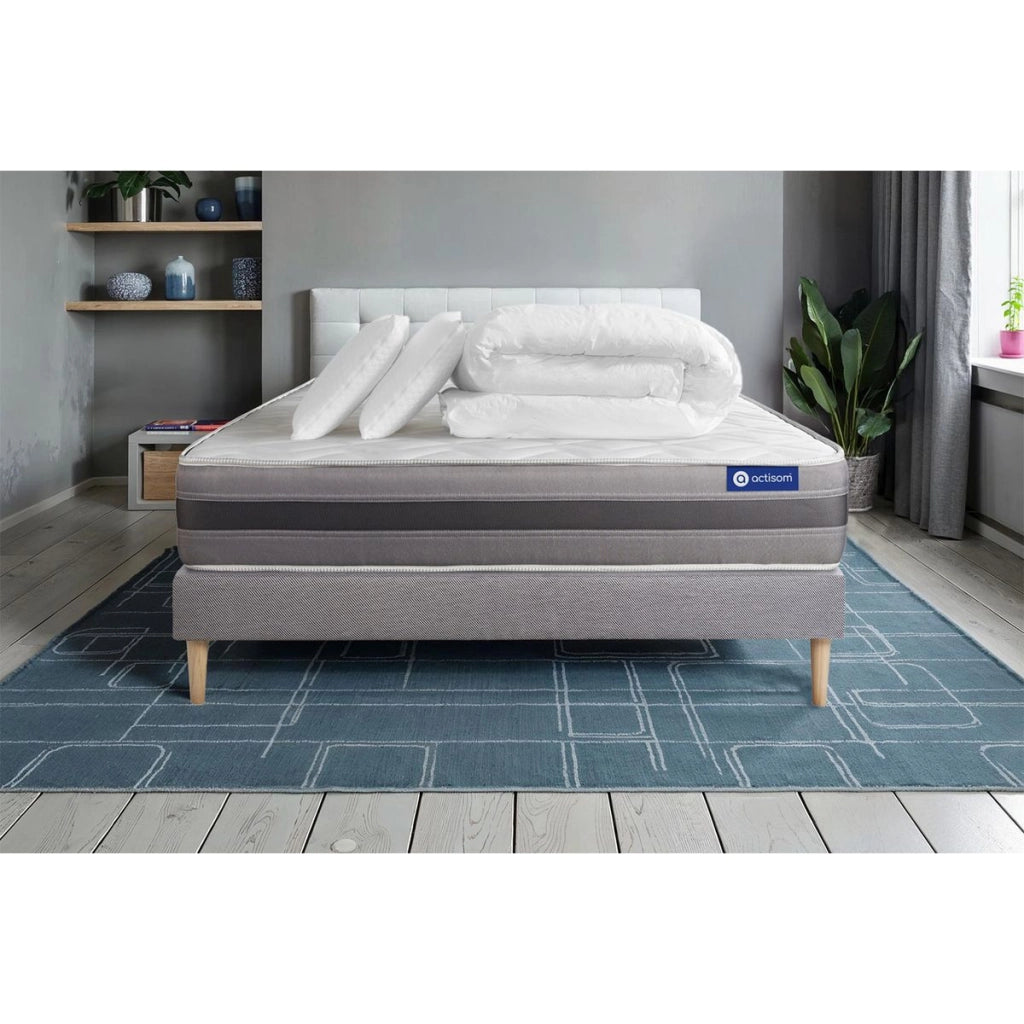 Pacchetto letto completo - Materasso 140x190cm + Box spring con doghe (in kit) + 2 cuscini + Piumino - Actilatex Relax
