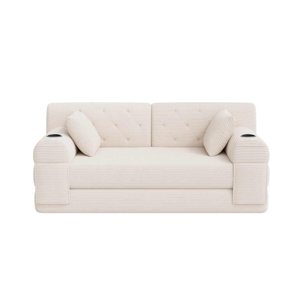 Divano letto 2 posti corduroy beige con schienale alto, tasche e porta bicchieri