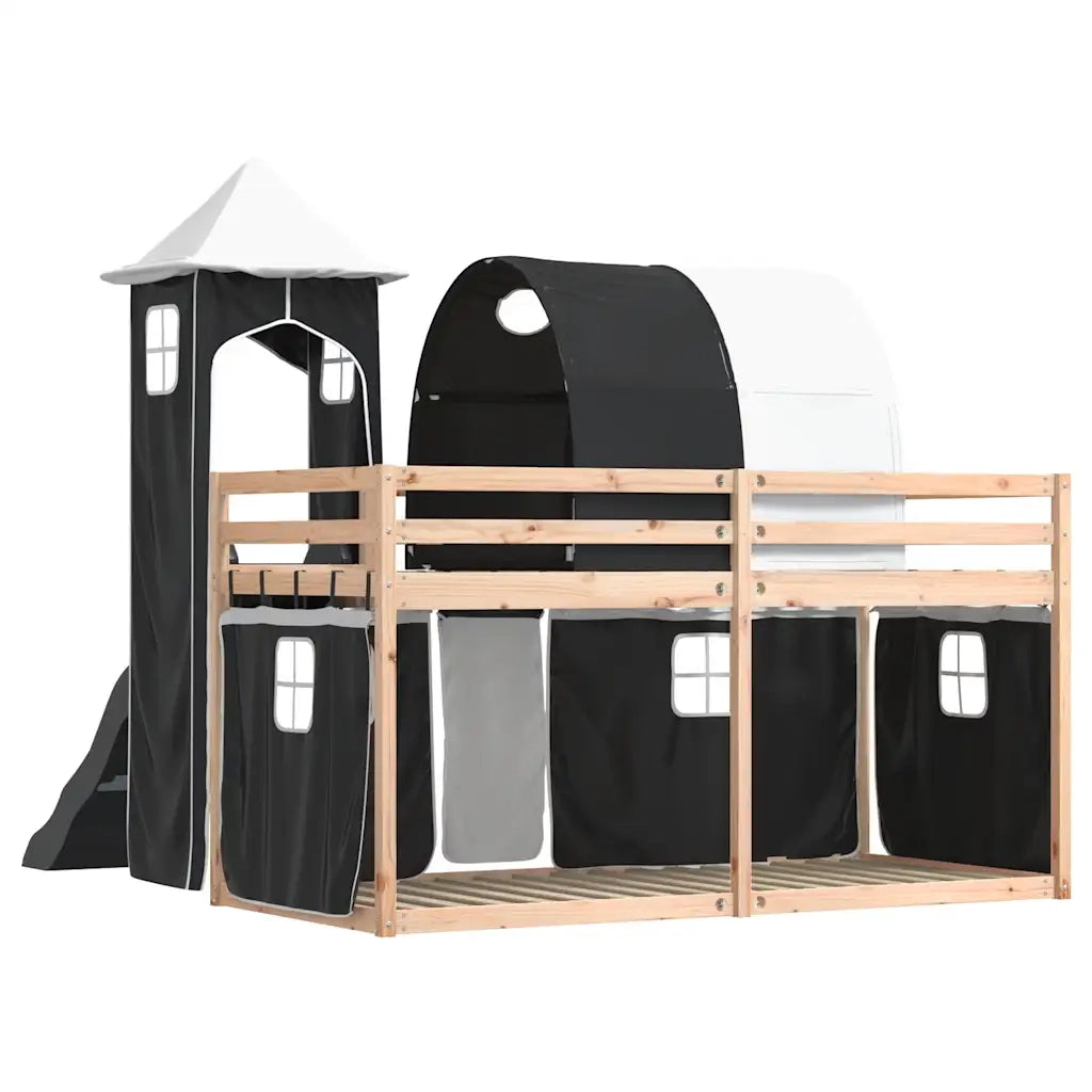 Letto singolo | Letto per adulti | Letto a Castello con Scivolo e Tende Bianco e Nero 80x200 cm