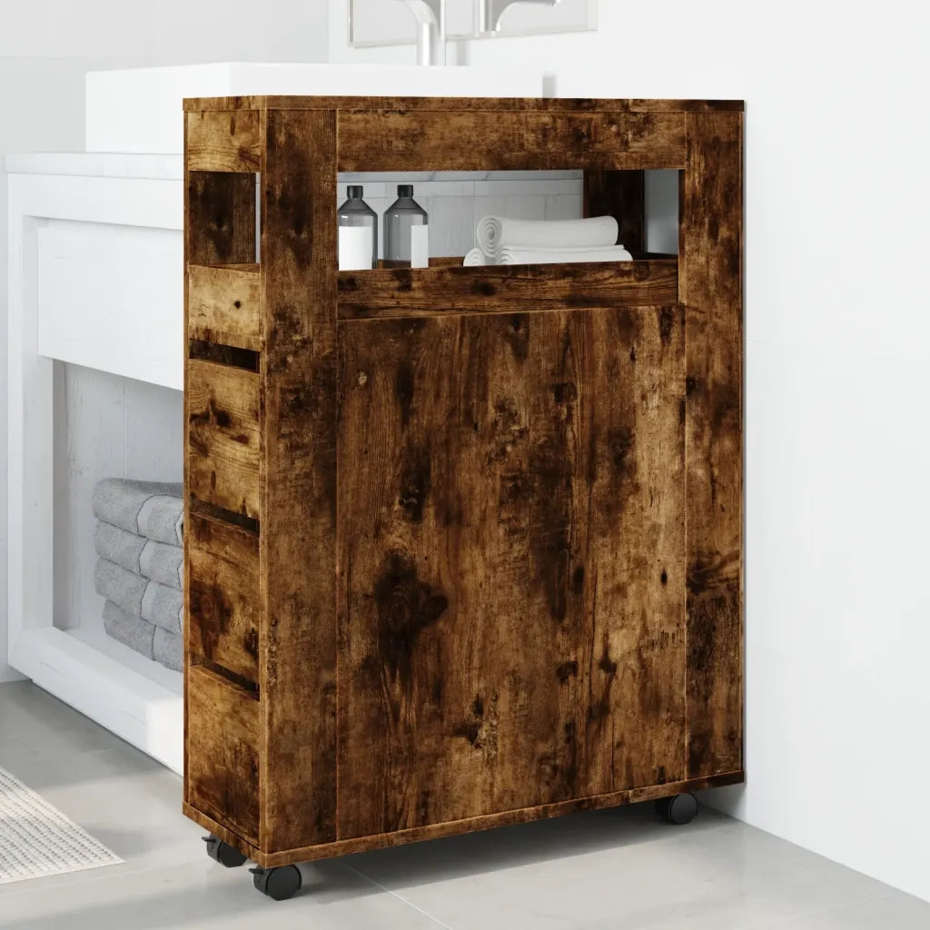 Mobile da Bagno Stretto con Ruote Rovere Fumo in Truciolato