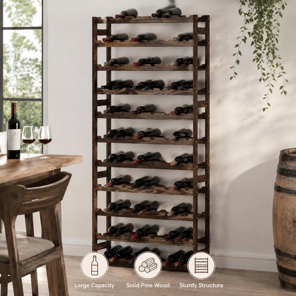 Wine Rack For 77 Bottles, Black Solid Pine Wood