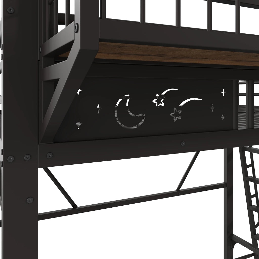Letto a soppalco per bambini 140x200 cm; in metallo con vani portaoggetti integrati e spazio inferiore aperto; nero