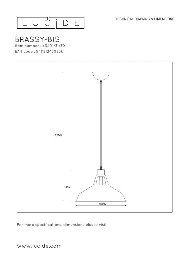Lampada a sospensione Lucide Brassy/Bis nera oro Ø31