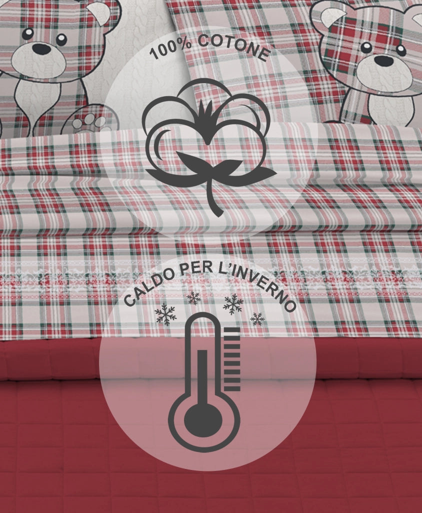 Completo Letto in Flanella Calda e Morbida Anti Pilling - Set Flanellato 3 Misure parure con Federe - Orsetto Tartan Rosso - 1 Piazza