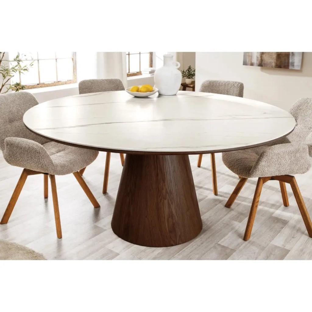 Tavolo da pranzo LUMEA – Rotondo 120 cm – Piano in ceramica effetto marmo bianco – Piede in legno massiccio – Stile contemporaneo
