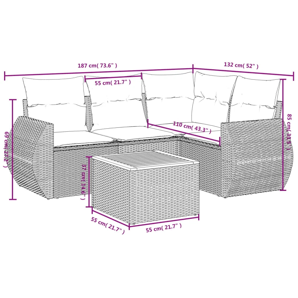 Set Divano da Giardino 5 pz con Cuscini Grigio in Polyrattan 3257320